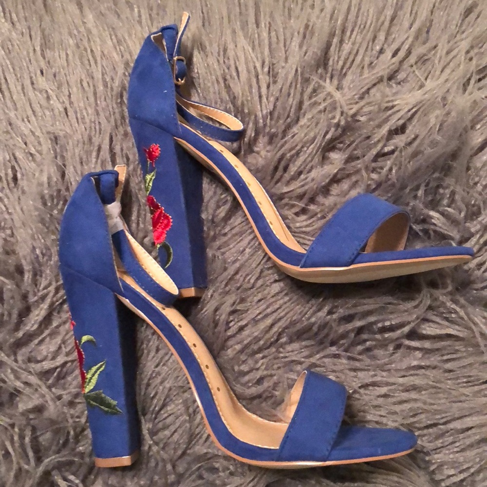 Rose Embroidered Faux Suede Heels